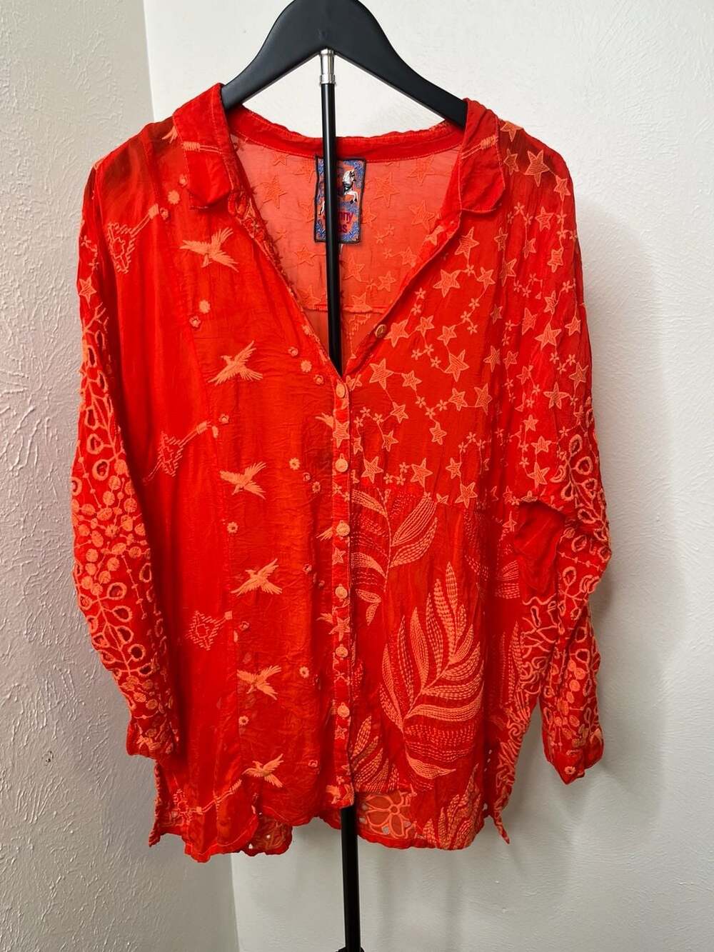 Johnny Was Rochelle Red Embroidered Bird Star Button Down Boho